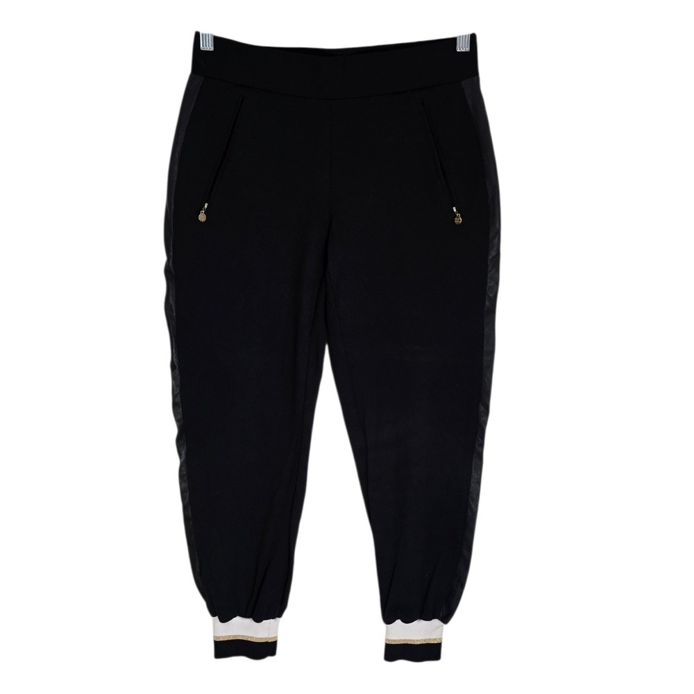 Emily McCarthy Black Faux Leather Trim Jogger Pants Gold Stripe‎ Cuffs Small